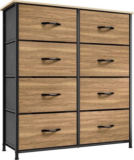 Dresser with 8 Drawers - Fabric Storage Tower, Organizer Unit for Bedroom, Living Room, Hallway, Closets & Nursery - Sturdy Steel Frame, Wooden Top & Easy Pull Fabric Bins (Burlywood Grain)