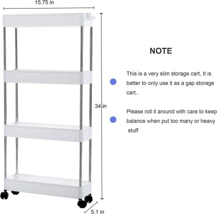 4 Tier Slim Storage Cart, Mobile Narrow Rolling Cart with Wheels, Conveniently Slide Out Organizer Shelf Cart for Kitchen Bathroom Pantry Laundry Narrow Space - Plastic (White)…