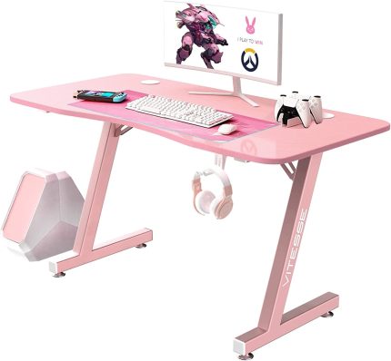 Vitesse Ergonomic Gaming Desk, Z-Shaped Office PC Computer Desk with Large Mouse Pad, Gamer Tables Pro with USB Gaming Handle Rack, Stand Cup Holder&Headphone Hook (Pink, 40 inch)