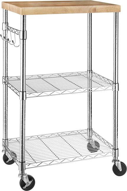 Kitchen Storage Microwave Rack Cart on Caster Wheels with Adjustable Shelves, 175-Pound Capacity - Chrome/Wood