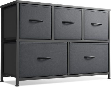 Dresser for Bedroom with 5 Drawers, Fabric Storage Big Wide Dresser for Hallyway Closets, Sturdy Steel Frame, Wood Top, Black Grey