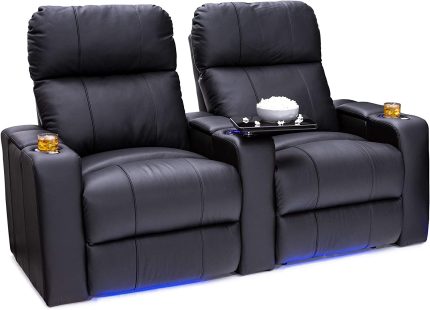 Seatcraft Julius - Big & Tall - Home Theater Seating - 400 lbs Capacity - Top Grain Leather - Power Recline - Powered Headrest - USB Charging, Cupholders, Arm Storage, Row of 2, Black