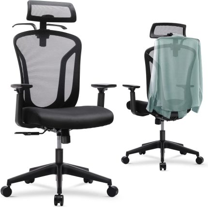 Office Chair, High Back Mesh Chair Ergonomic Home Desk Chair Adjustable Headrest, and Armrest Executive Computer Chair with Hanger and Soft Foam Seat Cushion Lumbar Support, Black
