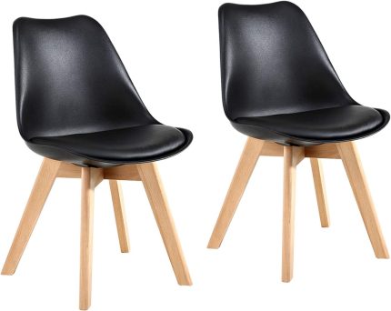 GOTMINSI Set of 2 Modern Style Chair Dining Chairs, Shell Lounge Plastic Chair with Natural Wood Legs (Black)