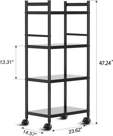 Denkee 4-Tier Kitchen Baker's Rack, Heavy Duty Free Standing Baker's Rack for Kitchens Storage with Rolling Wheels, Upgraded Industrial Microwave Oven Stand Rack (23.6 L x 14.6 W x 43.3 H)