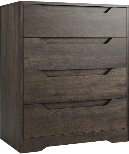 Modern 4 Drawer Dresser, Wood Chest of Drawers with Storage, Clothing Organizer with Cut-Out Handle, Storage Cabinet, Nightstand for Living Room, Bedroom, Hallway, Dark Brown