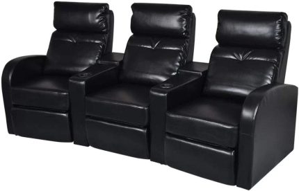 vidaXL Black Artificial Leather 3-Seat Home Theater Recliner Sofa Lounge w/Cup Holder