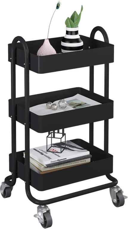MIOCASA 3-Tier Metal Utility Rolling Cart, Heavy Duty Multifunction Cart with Lockable Casters, Easy to Assemble, Suitable for Office, Bathroom, Kitchen, Garden (Black)