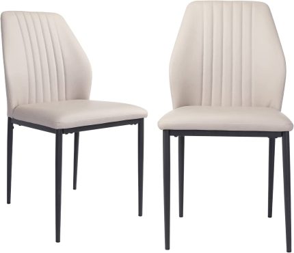 Zerifevni Dining Chairs Set of 2, Upholstered Side Chairs, Faux Leather Modern Style Kitchen Chairs with Stable Steel Legs (Beige)