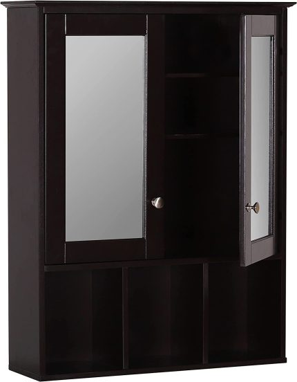 Oversized Bathroom Medicine Cabinet Wall Mounted Storage with Mirrors, Hanging Bathroom Wall Cabinet Organizer with Two Adjustable Shelves and Three Open Compartments, Espresso