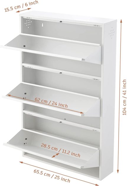 3 Drawers Shoe Storage Cabinet - SPACEROCK Wall Mounted & No-Assembly 25“ Metal Shoe Cabinet for Entryway, Hallway, and Corridor, Holds 12 Pair Shoes, White