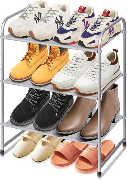 KIMBORA 3-Tier Small Shoe Rack 8-Pairs Stackable Narrow Shoe Storage Organizer Heavy Duty Shoe Shelf for Bedroom Closet, Entryway, Hallway (Grey)