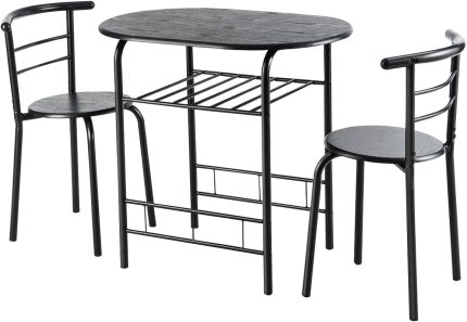 KOTEK 3 Piece Dining Set, Compact Bistro Dining Set 2 Chairs and Table w/Shelf Storage, Metal Frame Dining Room Bar Breakfast Set for Apartment and Kitchen (Black)