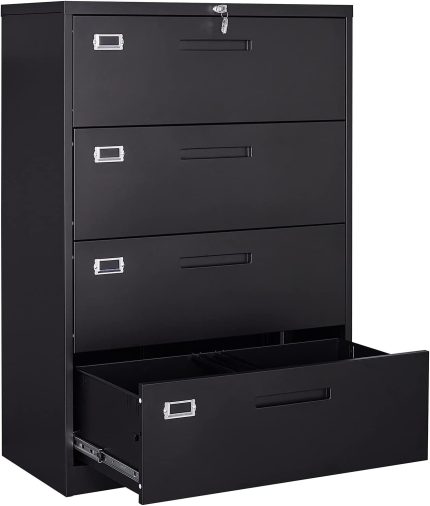 STANI Lateral File Cabinet, 4 Drawer Metal Storage File Cabinet with Lock, Metal Lateral File Cabinet for Home and Office, Assembly Required (Black)