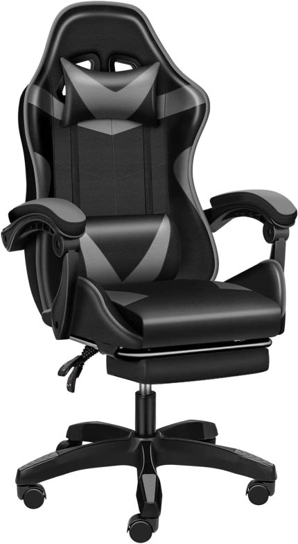 YSSOA FNGAMECHAIR01 Gaming Office High Back Computer Ergonomic Adjustable Swivel Chair with Headrest and Lumbar Support, with footrest, Black/Grey