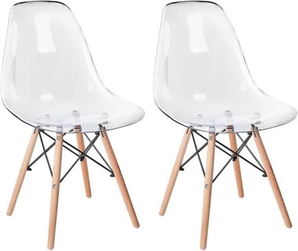 CangLong Plastic Style Side Accent Seats with Natural Wood Legs Chair for Kitchen, Dining, Living, Guest, Bed Room, set of 2, Clear 2