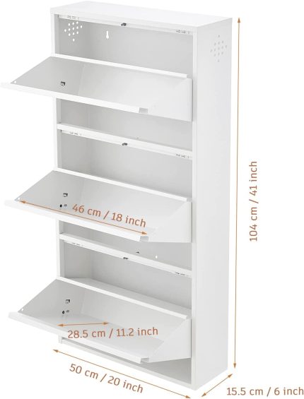 3 Drawer Shoe Storage Cabinet - SPACEROCK Wall Mounted & No-Assembly 20“ Metal Shoe Cabinet for Entryway, Hallway, and Corridor, Holds 9 Pair Shoes, White