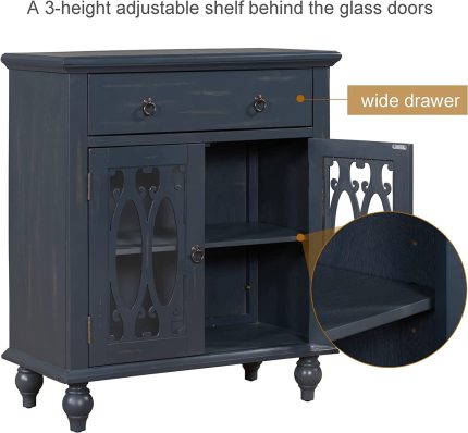 Modern Accent Storage Cabinet 31.5-Inch Glass Doors Sideboard Coffee Bar with Drawers and Adjustable Shelf for Living Room Bedroom Entryway (Antique Gray)