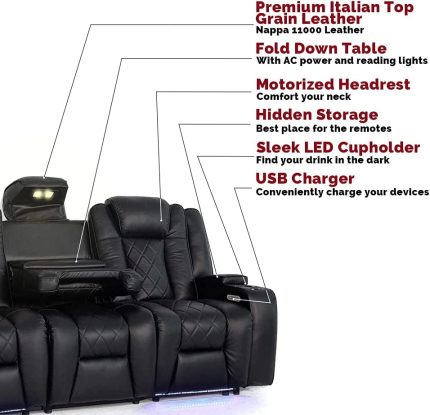 Valencia Oxford Console Home Theater Seating | 11000 Top Grain Black Leather, Power Recliner, with Drop Down Center Console (Row of 3)