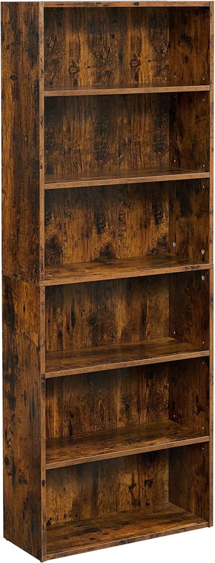 Bookshelf, 6-Tier Open Bookcase, Rustic Brown ULBC166X01 & Retro Bookcase, 2-Tier Bookshelf with Doors, Storage Cabinet for Books, Photos, Decorations, Mid-Century Modern Style, Brown