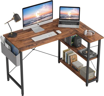 40 Inch Small L Shaped Computer Desk with Storage Shelves Home Office Corner Desk Study Writing Table, Deep Brown