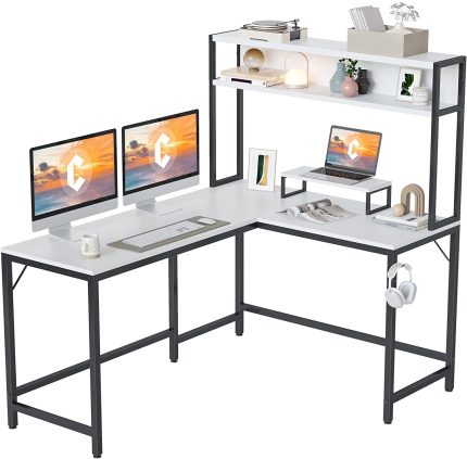 L-Shaped Desk with Hutch, 59" Corner Computer Desk,Home Office Gaming Table Workstation with Storage Bookshelf, White