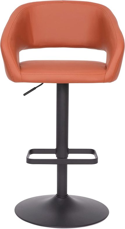 Erik Contemporary Cognac Vinyl Adjustable Height Barstool with Rounded Mid-Back and Black Base