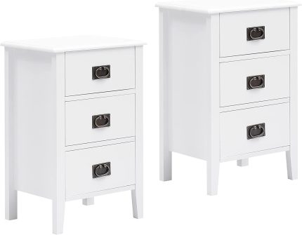 Nightstand End, Side Table, Storage Cabinet for Bedroom, Living Room, Set of 2, Three Drawer, White