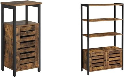 Lowell Bookshelf, Storage Cabinet with 3 Shelves and 2 Louvered Doors, Rustic Brown & Lowell Storage Cabinet, Standing Cabinet, Industrial Floor Cabinet, Side Cabinet with Shelf