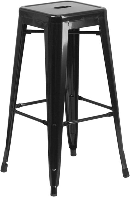 Commercial Grade 30" High Backless Black Metal Indoor-Outdoor Barstool & Commercial Grade 24" High Backless Black Metal Indoor-Outdoor Counter Height Stool with Square Seat
