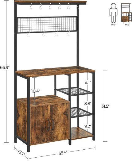 Baker’s Rack, Coffee Station, Microwave Oven Stand, Kitchen Utility Storage Shelf with Cupboard, Open Shelves, Grid Panel, 10 Hooks, Industrial Style, Rustic Brown and Black UKKS020B01