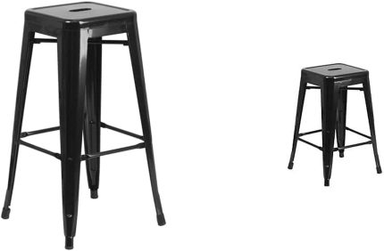 Commercial Grade 30" High Backless Black Metal Indoor-Outdoor Barstool & Commercial Grade 24" High Backless Black Metal Indoor-Outdoor Counter Height Stool with Square Seat