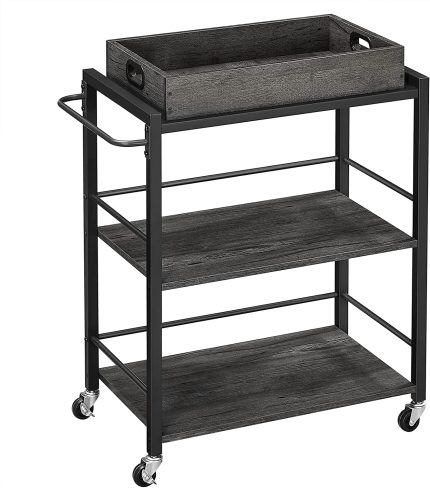 Bar Cart, Kitchen Serving Cart, Utility Cart with Wheels and Handle, Universal Casters with Brakes, Leveling Feet, Charcoal Gray and Black ULRC072B04