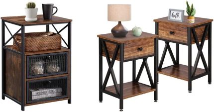 Night Stand, End Side Table, Brown & Nightstand Modern Side End Sofa Table Night Stand with Bin Drawer for Living Room Bedroom, Industrial Metal Frame, Set of 2, Brown