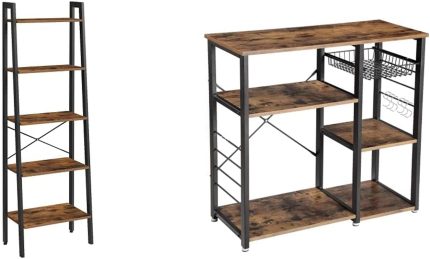 Ladder Shelf, 22.1" L x 13.3" W x 67.7" H, Rustic Brown & Kitchen Baker’s Rack, Coffee Bar, Microwave Oven Stand, with Steel Frame, Wire Basket, 6 Hooks, Rustic Brown and Black UKKS90X