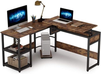 L Shaped Desk with Lift Top, Modern Sit to Stand Corner Computer Desk with Storage Shelves, Rustic Height Adjustable Standing Desk Workstation for Home Office (Rustic Brown)