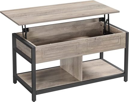 Lift Top Coffee Table with Hidden and Open Storage Compartments, Steel Frame, for Living Room Office Reception, Greige