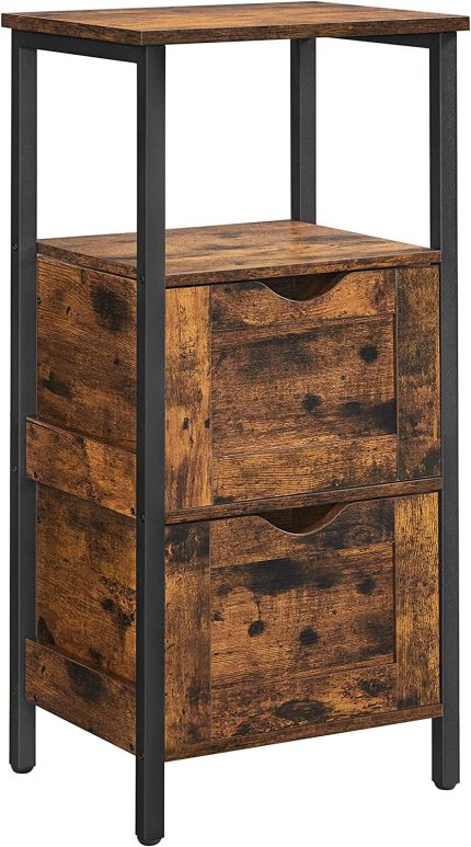 Storage Cabinet, Bathroom Floor Cabinet, Slim Storage Organizer, with 2 Drawers, Open Compartment, Space-Saving, 14.5 x 11.8 x 31.5 Inches, Rustic Brown and Black UBBK151B01