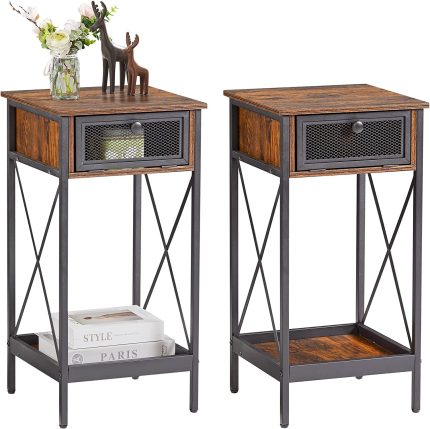 27.3'' Nightstand, End Table, Set of 2 Tall Night Stands with Flip Drawer and Storage Shelf, Industrial Style for Bedroom, Living Room,Space Saving, Brown