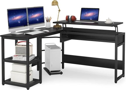 L Shaped Desk with Lift Top, Modern Sit to Stand Corner Computer Desk with Storage Shelves, Rustic Height Adjustable Standing Desk Workstation for Home Office (Black)