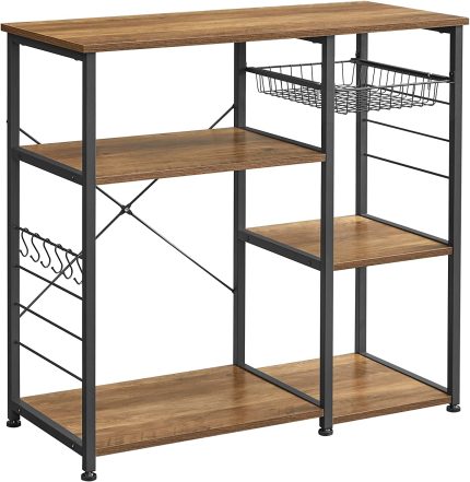 Kitchen Baker’s Rack, Coffee Bar, Microwave Oven Stand, with Steel Frame, Wire Basket, 6 Hooks, 35.4", Rustic Walnut