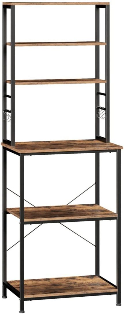 Baker's Rack, Microwave Oven Stand, Kitchen Tall Utility Storage Shelf, 6 Hooks and Metal Frame, Industrial, 15.7 x 23.6 x 65.7 Inches, Rustic Brown and Black UKKS024B01