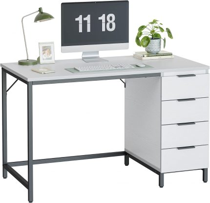 Computer Desk with 4 Drawers, 47 Inch Home Office Desk with Storage, Modern Study Writing Desk for Bedroom, White