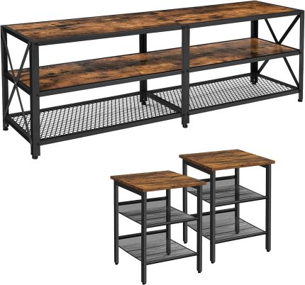Set of 2 Side Tables and TV Stand Bundle, 2 End Tables with Mesh Shelves, TV Table with Storage Shelves, Nightstands, Steel Frames, Rustic Brown and Black, ULET24X and ULTV095B01