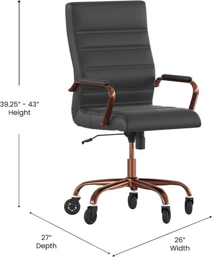 Whitney High Back Swivel Leather Executive Office Chair, 27" Dx26 Wx43-39.25" H, Black LeatherSoft/Rose Gold Frame