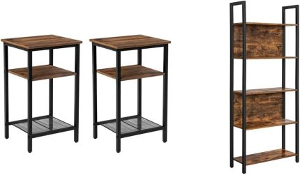 Nightstands Set of 2, 3-Tier End Table, 2-Pack, Chestnut Brown and Black & 5-Tier Bookshelf, Storage Rack Shelf, Bookcase with Steel Frame, Rustic Brown + Black