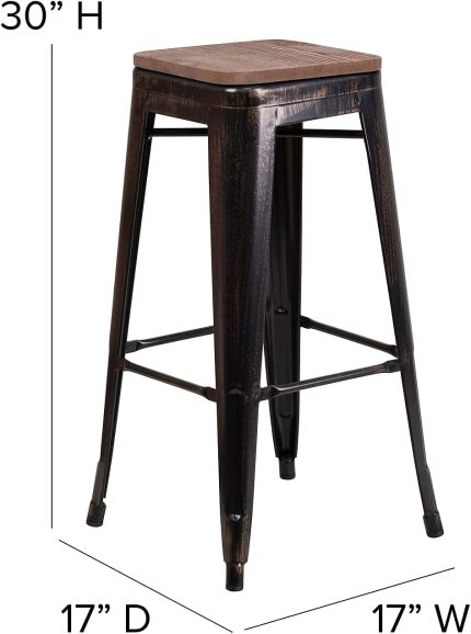 Lily 4 Pack 30" High Backless Black-Antique Gold Metal Barstool with Square Wood Seat