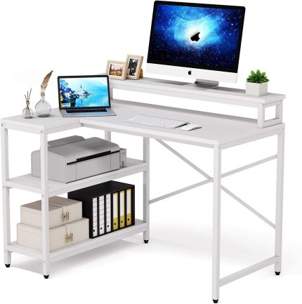 L Shaped Desk with Storage Shelves, Rustic Corner Desk Study Writing Workstation with Monitor Stand Riser for Home Office Small Space (White)