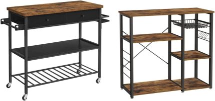 Kitchen Island, Kitchen Cart, 3-Tier Microwave Stand, Rustic Brown and Black & Kitchen Baker’s Rack, Coffee Bar, Microwave Oven Stand, 6 Hooks, 35.4", Rustic Brown