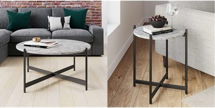 Piper Faux White Marble Round Modern Coffee Table with Matching Accent or End Table, Black
